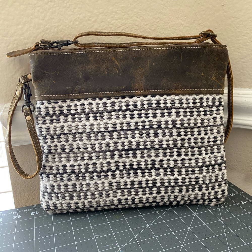 Myra Crossbody Bag Upcycled Tweed Gray Brown Cream Fall Western Leather Wristlet - Picture 2 of 15